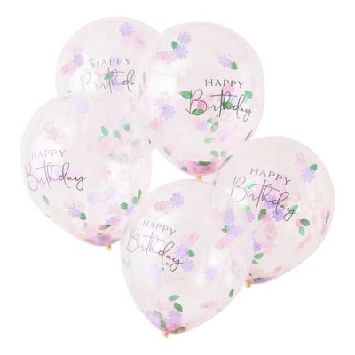 Cinco balões transparentes com flores coloridas e texto 'HAPPY Birthday'