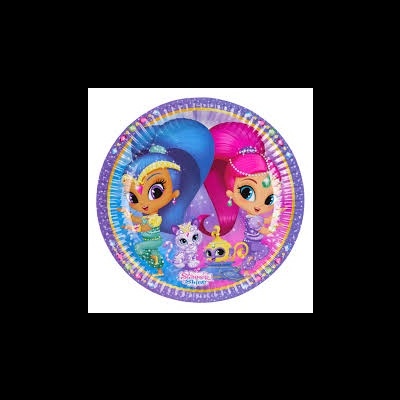 Prato descartável redondo com personagens animadas Shimmer e Shine em azul e rosa
