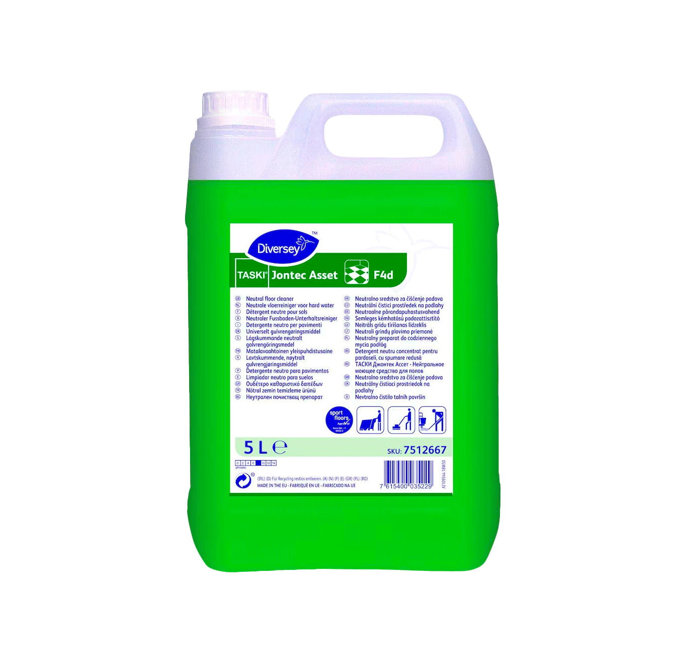 TASKI Jontec Asset F4d - 5L Recipiente plástico verde translúcido de 5 litros com etiqueta de produto de limpeza