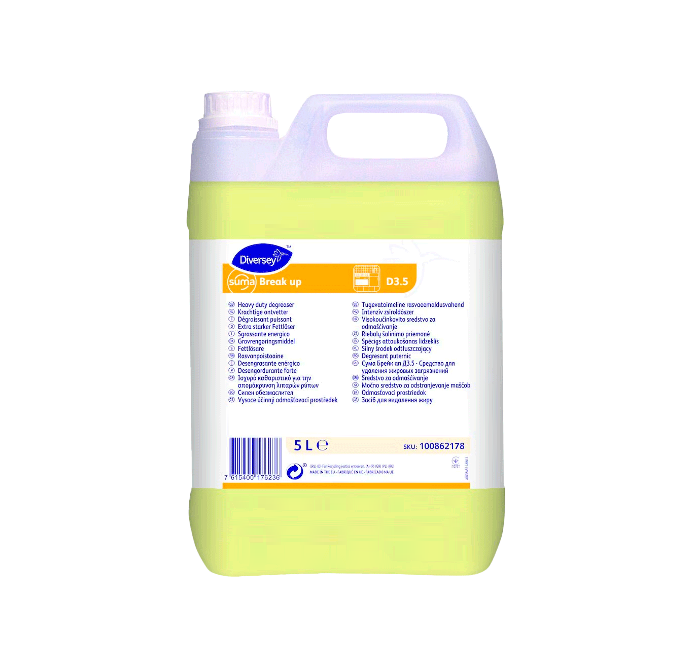 Suma Break up D3.5 - 5L Recipiente plástico amarelo claro com etiqueta e texto Sunjal Break up