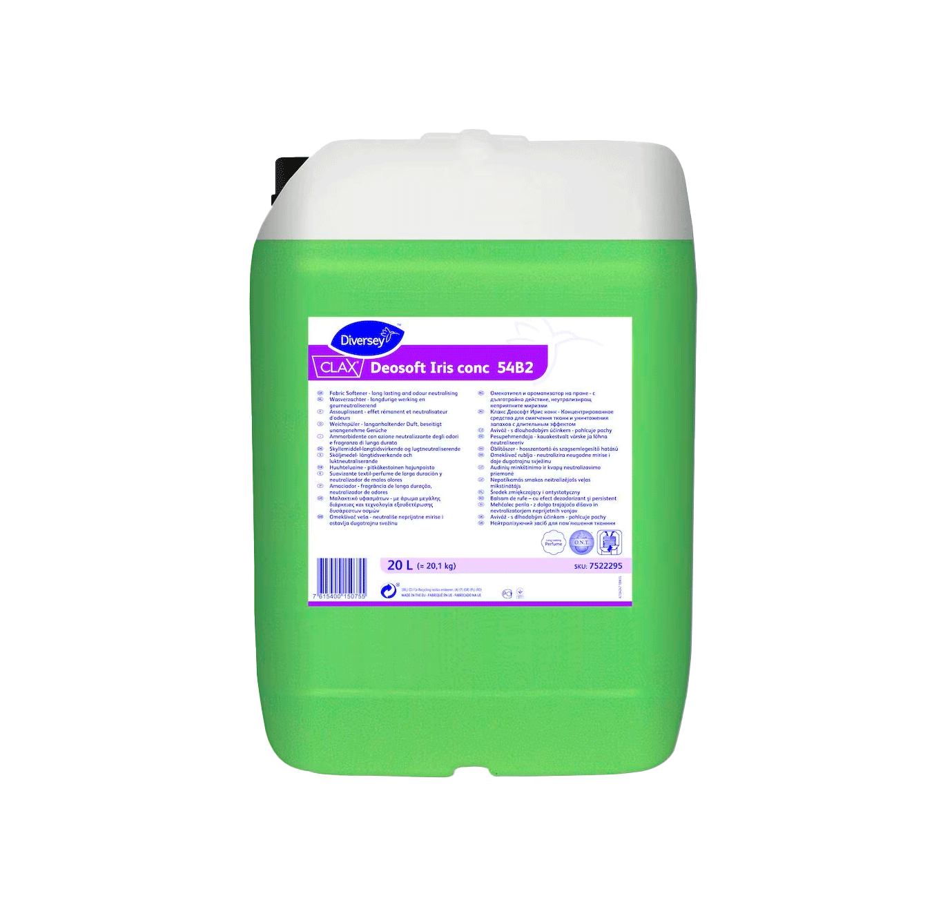 Clax Deosoft Iris conc 54B2 - 20L Bidão verde e branco de plástico com etiqueta branca e lilás de produto de limpeza CLAX Desoft Iris conc 54B2