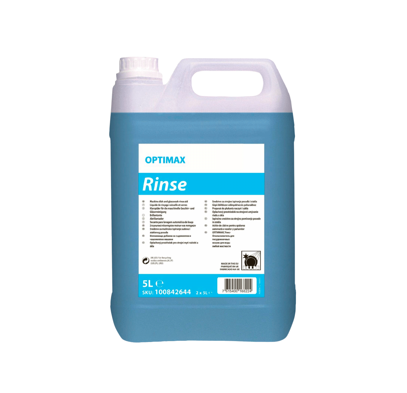 OPTIMAX Rinse - 5L Recipiente azul 5L OPTIMAX Rinse com etiqueta e alça branca