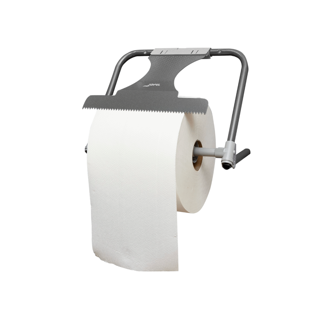 Jofel Suporte de Rolos Montado na Parede Suporte metálico cinzento com rolo de papel de cozinha branco e lâmina serrada
