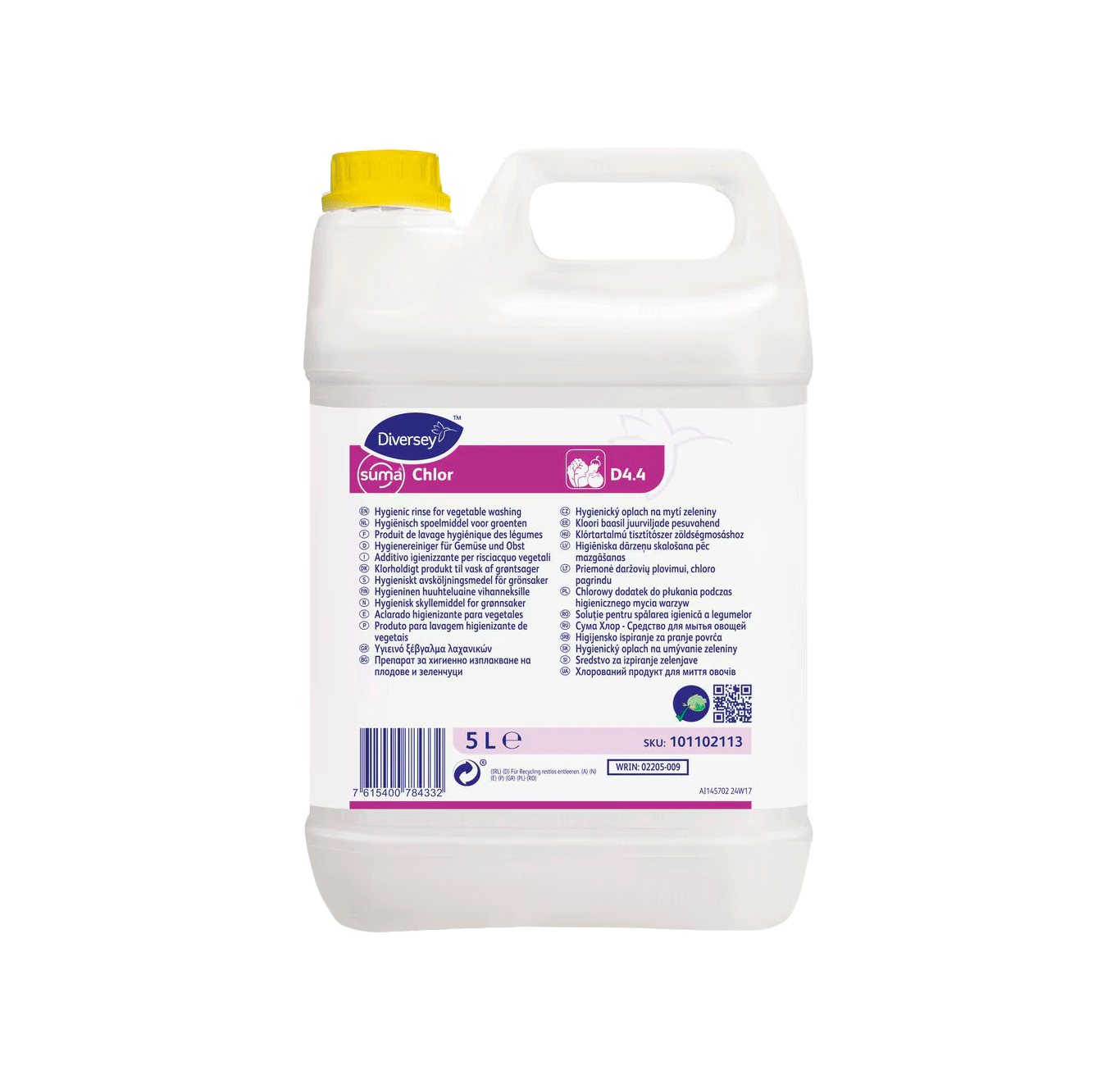 Suma Chlor D4.4 - 5L Recipiente plástico branco de 5 litros com tampa amarela e rótulo colorido