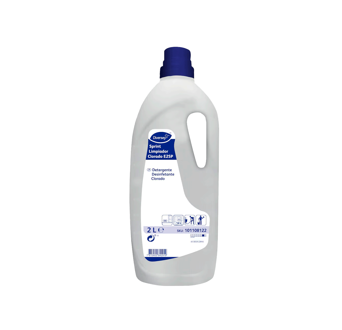 Sprint Limpador Clorado E2SP - 2L Frasco branco de detergente desinfetante clorado com tampa azul