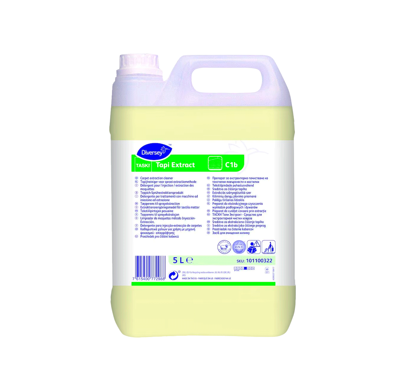 TASKI Tapi Extract C1b - 5L Recipiente plástico translúcido amarelo com etiqueta da marca Diversey e produto Taski Topxi Extract C1b