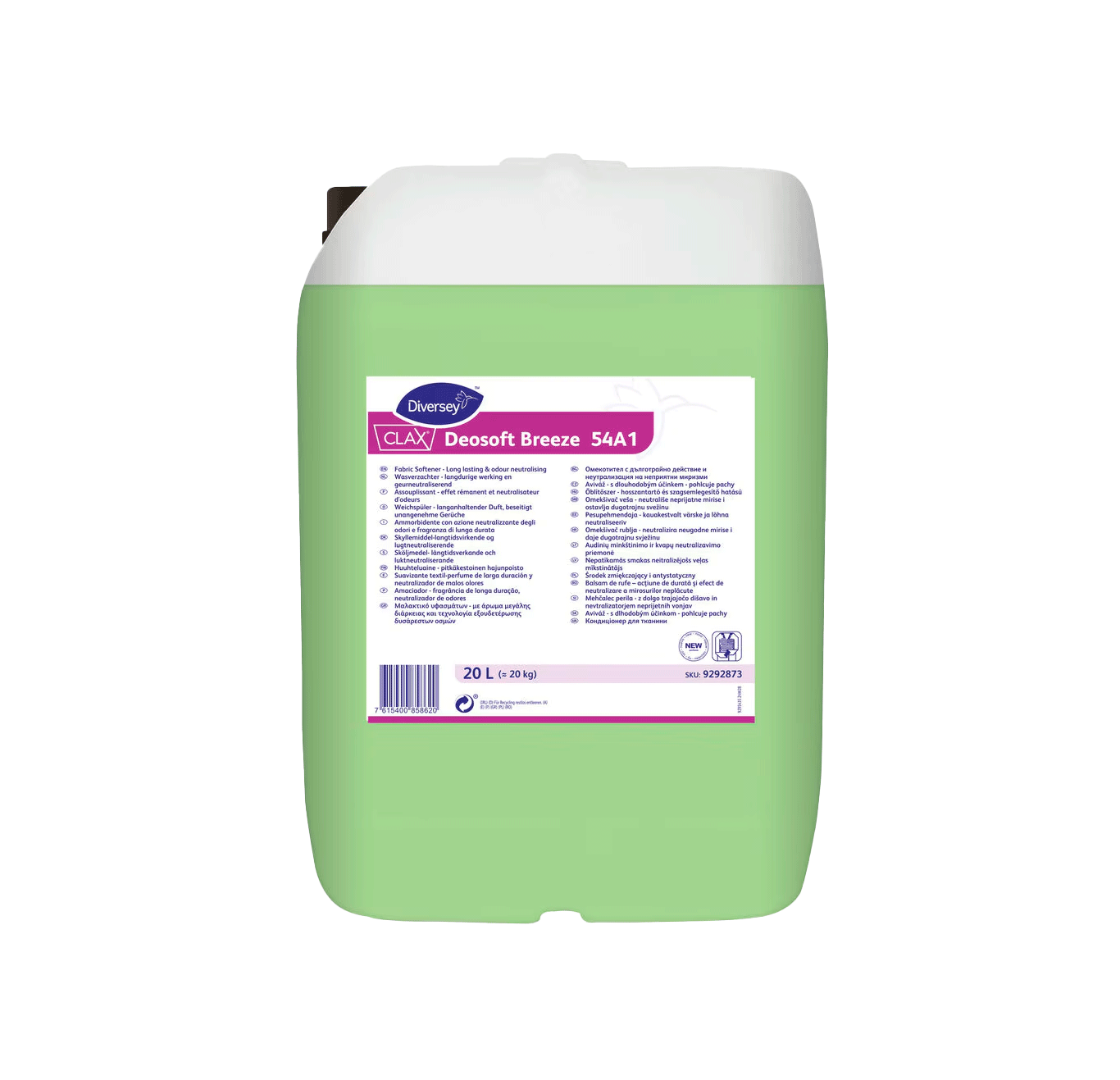 Clax Deosoft Breeze 54A1 - 20L Recipiente verde com tampa branca e rótulo roxo e branco CLAX Desoft Breeze