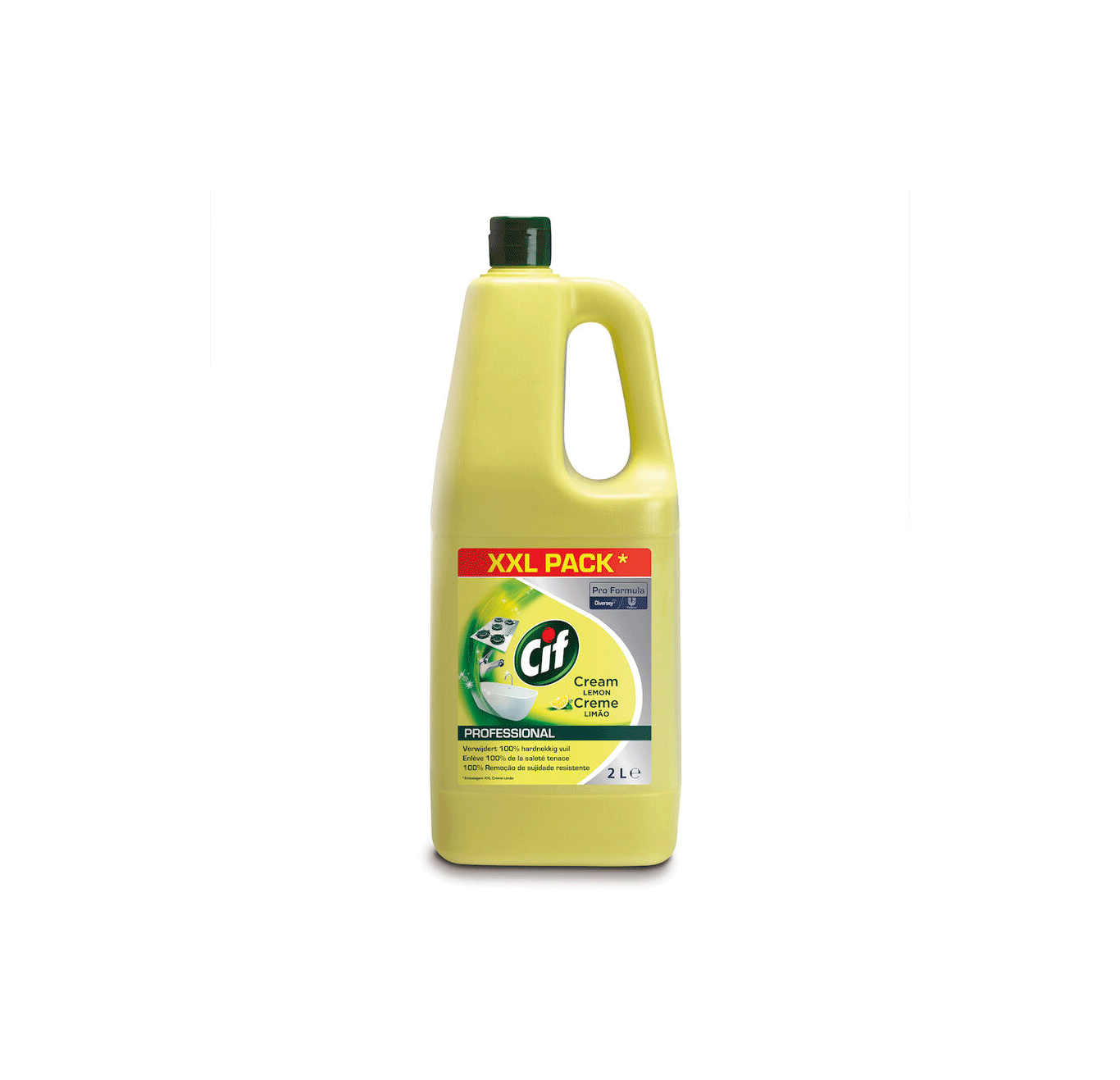 Cif Pro Formula Creme Limão - 2L Frasco amarelo de detergente CIF cream com rótulo e tampa verde