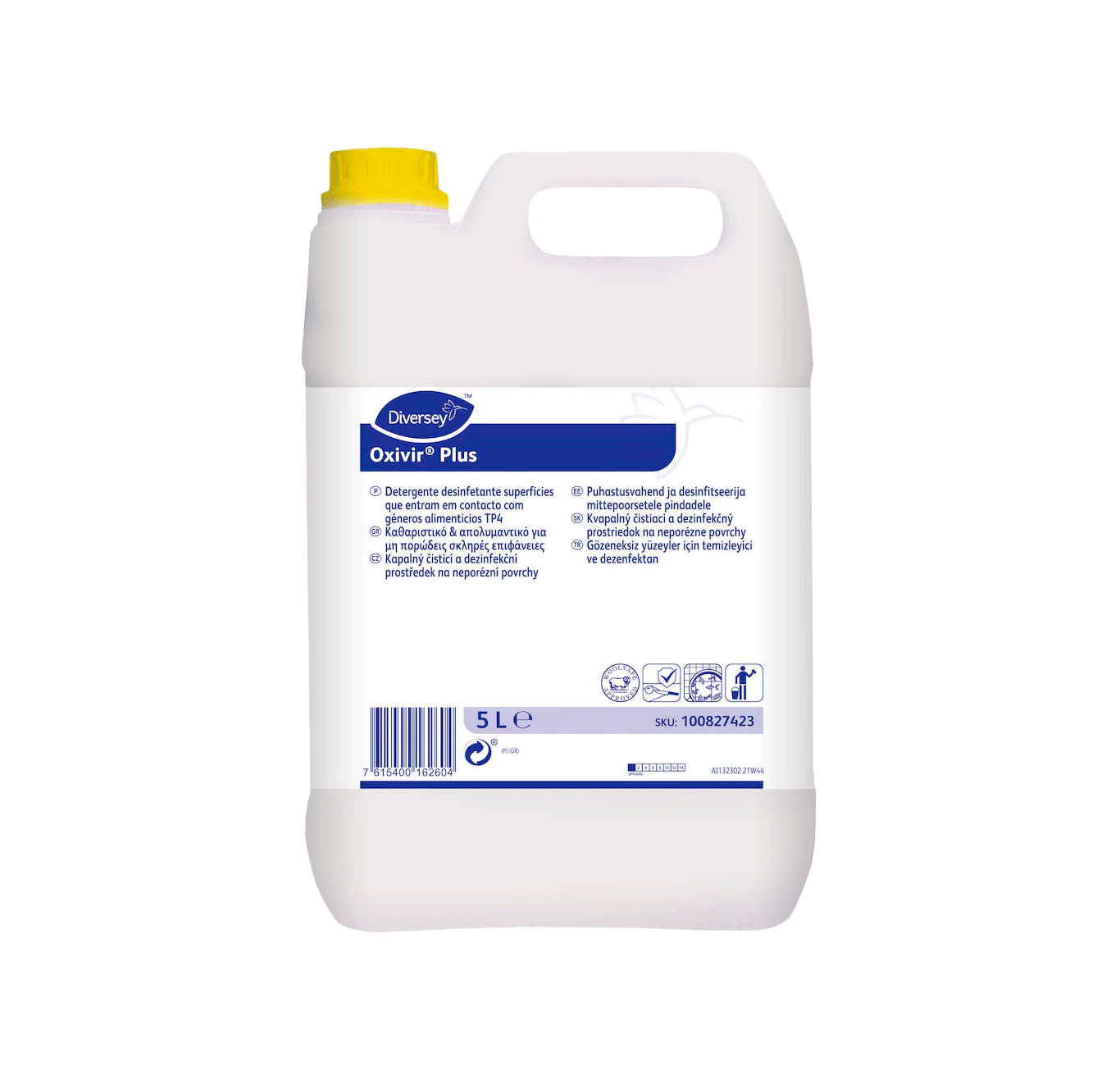 Oxivir Plus - 5L Recipiente plástico branco 5L Oxivir Plus com tampa amarela e rótulo azul
