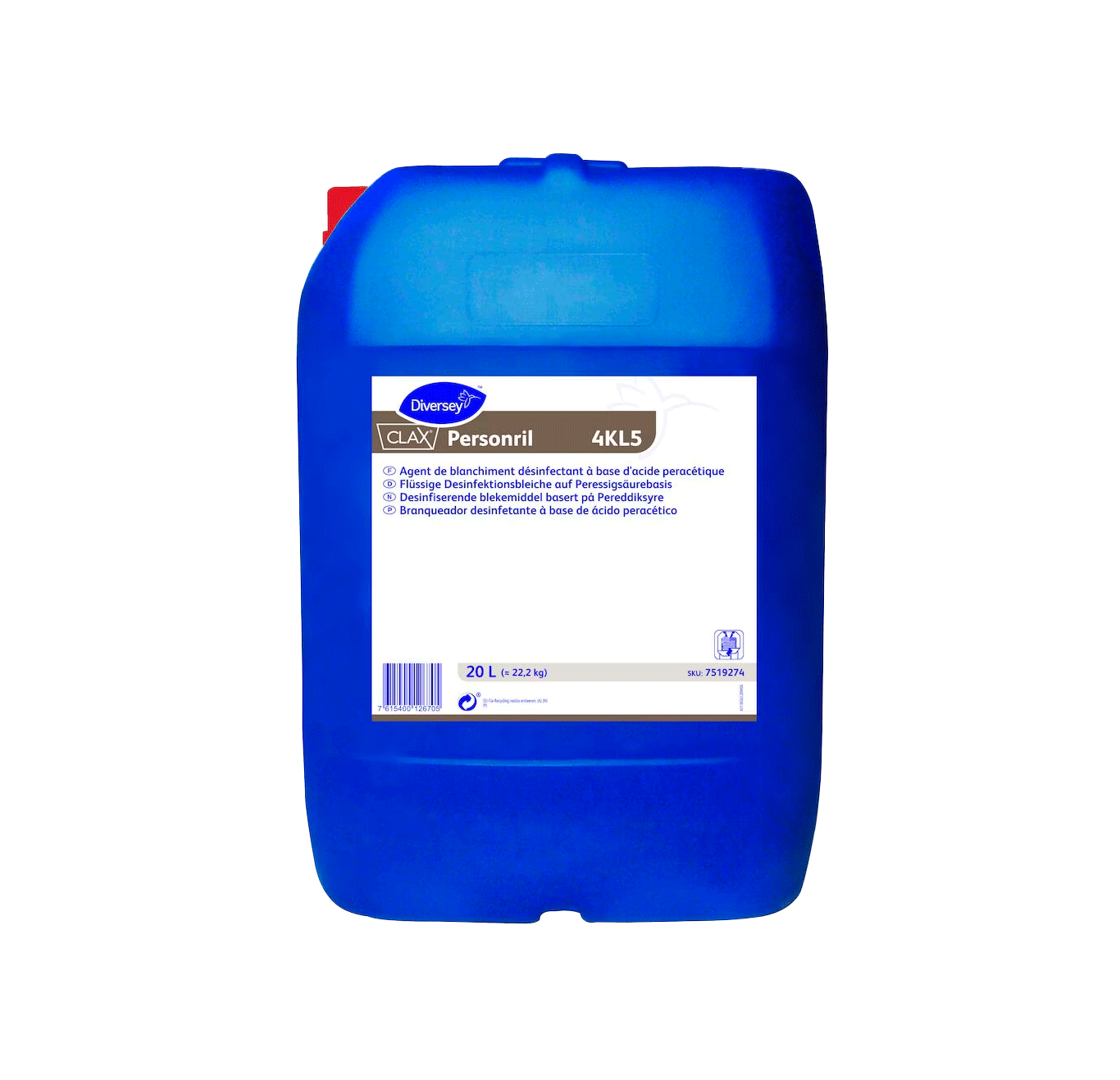 Clax Personril 4KL5 - 20L Recipiente azul de plástico com rótulo branco contendo líquido de limpeza e desinfecção Personril 4KL5