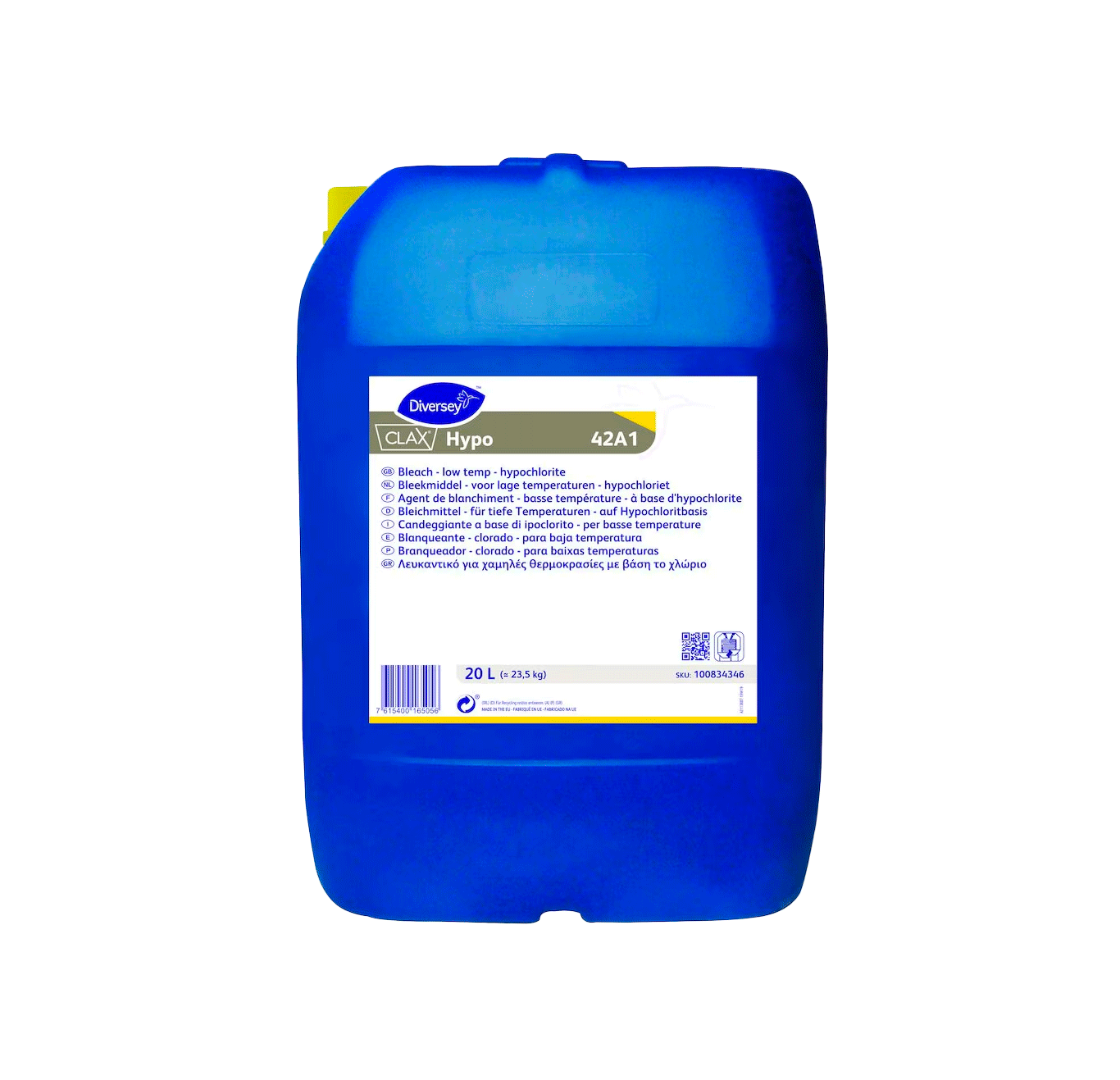 Clax Hypo 42A1 - 20L Recipiente azul de plástico com rótulo branco e amarelo de lixívia CLAX Hypo 42A1