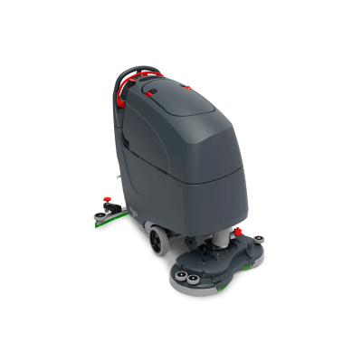 Máquina de limpeza profissional cinza escuro com detalhes vermelhos e escovas na base