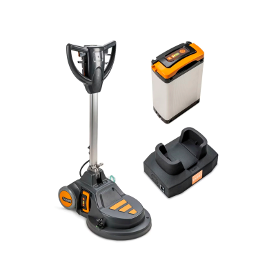 Aspirador elétrico cinzento e laranja com bateria e base de carregamento