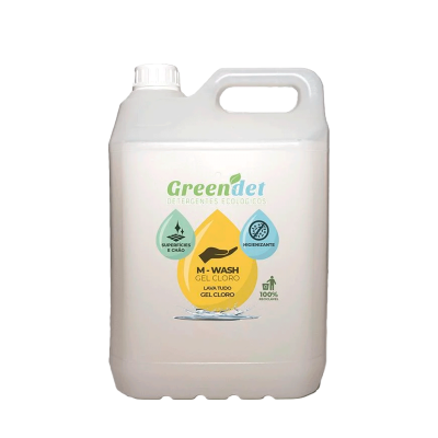 Frasco branco de detergente ecológico Greendet M-Wash Gel Cloro