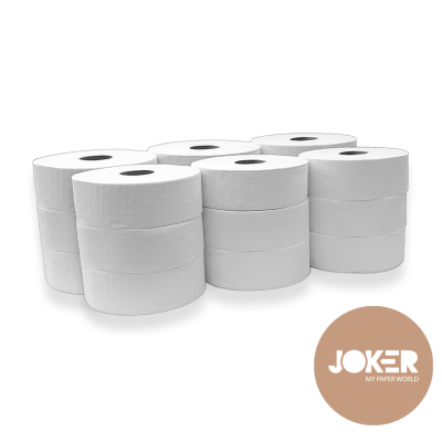 Doze rolos de papel higiénico brancos empilhados