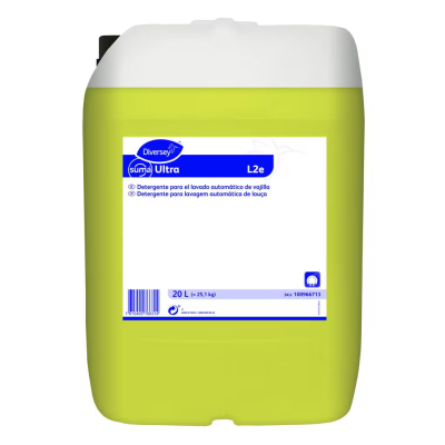 Contentor de detergente Suma Ultra L2e amarelo esverdeado com rótulo branco e azul