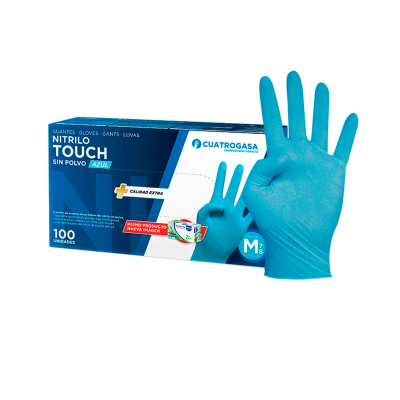 Caixa de luvas nitrilo azul e uma luva azul aberta
