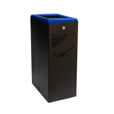 Lixeira metálica preta com tampa azul e furos decorativos