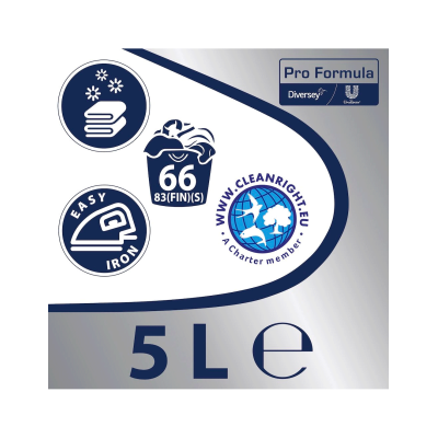 Etiqueta de produto com capacidade 5 litros, marca Pro Formula Diversey, ícones de roupa e ferro e texto em azul