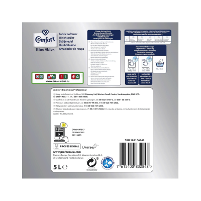 Parte traseira embalagem amaciador Comfort Blue Skies 5L com texto, código de barras e símbolos