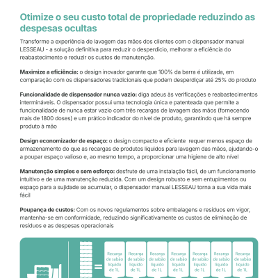 Folheto LESSEAU sobre dispensador manual de sabão sólido e comparação de recargas líquidas