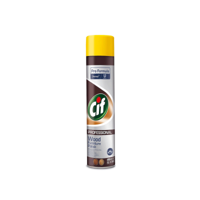 Spray para móveis de madeira Cif Professional com tampa amarela e corpo castanho e branco
