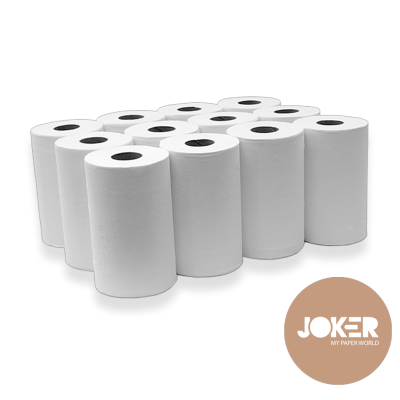 Doze rolos brancos de papel de cozinha e logótipo JOKER MY PAPER WORLD