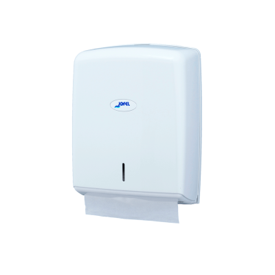Dispensador branco de papel de mãos JOFEL com uma folha de papel a sair
