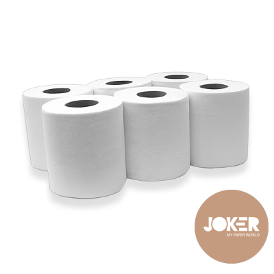 Seis rolos de papel higiénico brancos com logótipo JOKER MY PAPER WORLD