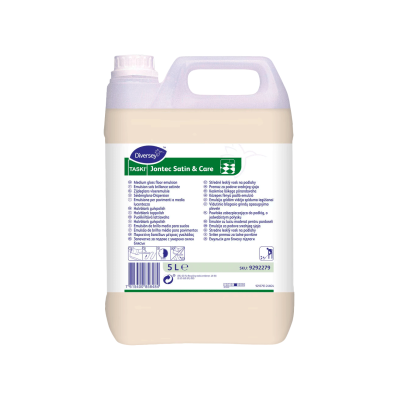 Recipiente plástico 5 litros de limpeza TASKI Jontec Satin & Care Diversey com etiqueta e texto multilingue