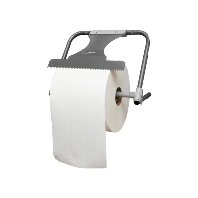 Suporte metálico cinzento com rolo de papel de cozinha branco e lâmina serrada