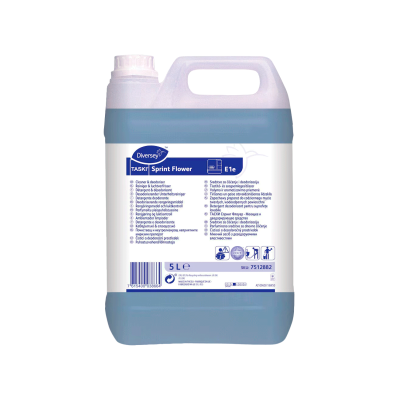 Frasco de detergente TASAKI Sprint Flower azul de 5 litros com etiqueta branca e azul