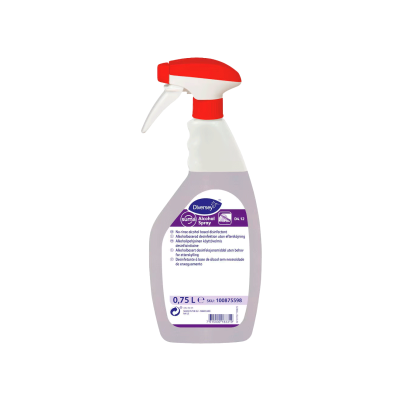 Frasco spray transparente com líquido roxo e tampa vermelha