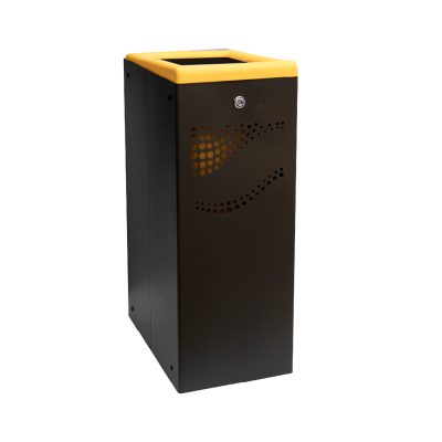 Contentor de lixo metálico preto com tampa amarela e padrão de furos decorativos