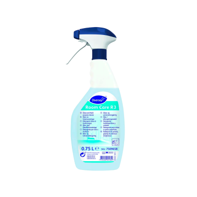 Frasco pulverizador azul e branco com etiqueta do produto Room Care R 3