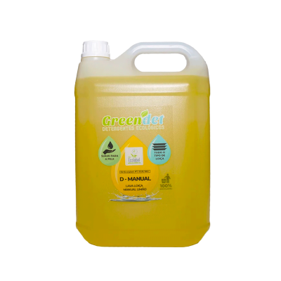Recipiente plástico amarelo com detergente ecológico Green Det e etiqueta colorida.