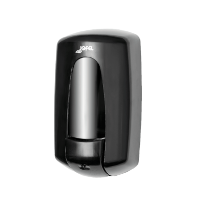 Dispensador de sabão Jofel preto e cinza montado na parede
