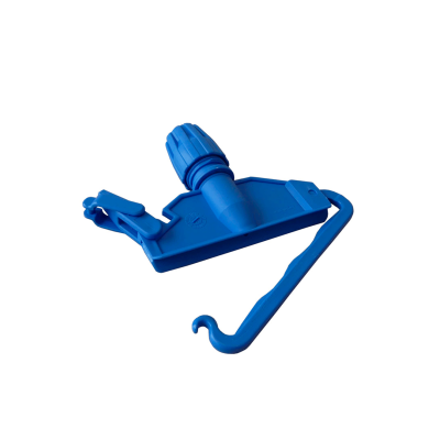 Acessório de plástico azul com base retangular e gancho curvo