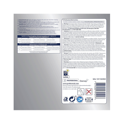 Embossagem traseira de produto de limpeza com texto e símbolos diversos.