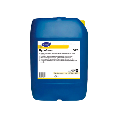 Recipiente azul de 20 litros com etiqueta branca e amarela do produto Hypofoam VF6 Diversey.