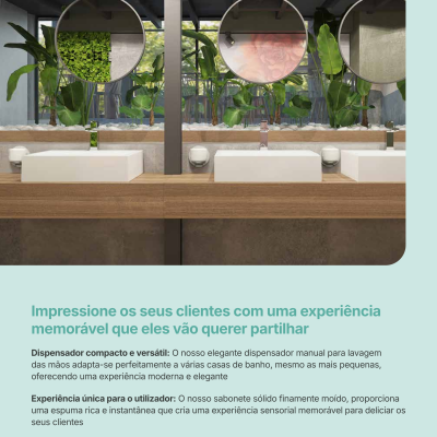 Lavatórios brancos com torneiras e espelhos redondos em banheiro com plantas verdes