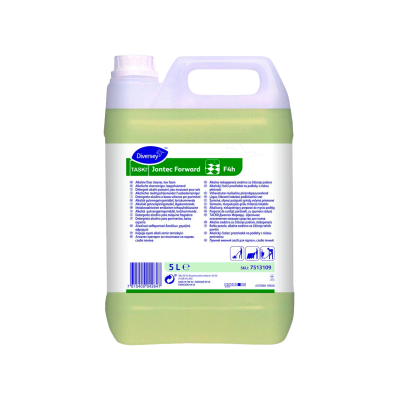 Recipiente plástico translúcido com líquido amarelo-esverdeado e etiqueta branco-azul da marca Diversey