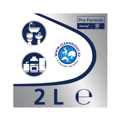 Etiqueta de produto de limpeza 2 litros com logotipos e texto em azul e branco