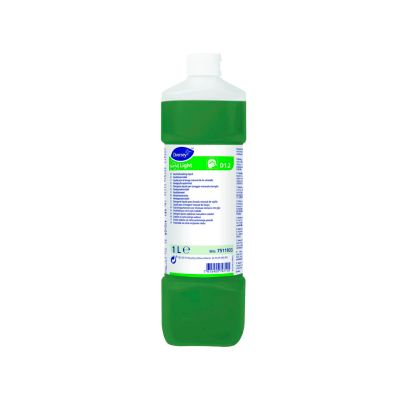 frasco de líquido verde para limpeza com rótulo branco e azul