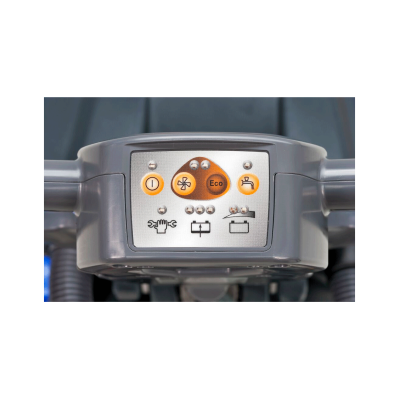 Painel de controlo cinzento com botões luminosos laranja e símbolos em branco