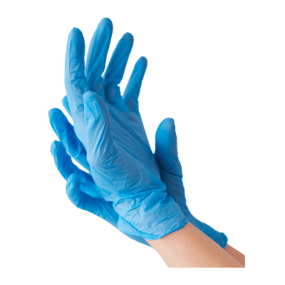 Par de luvas azuis descartáveis em fundo branco