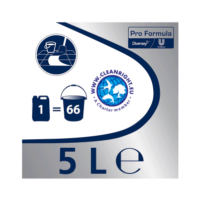 Etiqueta de produto de limpeza Pro Formula Diversey com indicação 5L e símbolo de baldes