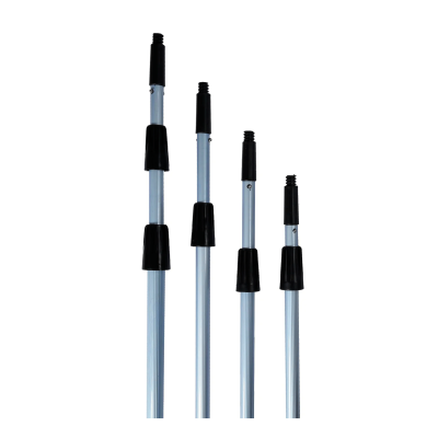 Varas telescópicas de metal com componentes pretos em fundo branco