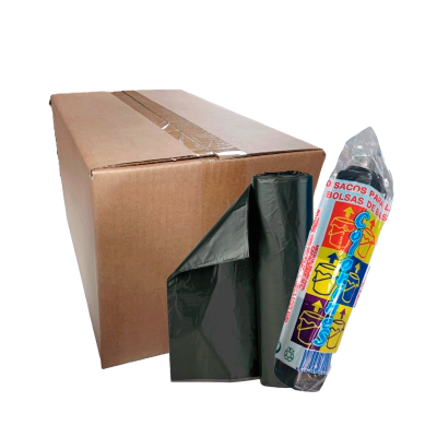 Caixa de cartão com rolos de sacos de lixo pretos, um embalado com texto e desenhos coloridos