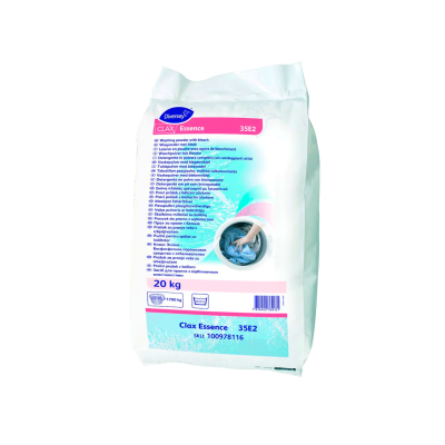 Saco branco de produto Clax Essence 35E2 com texto e imagem de mãos a lavar roupa azul